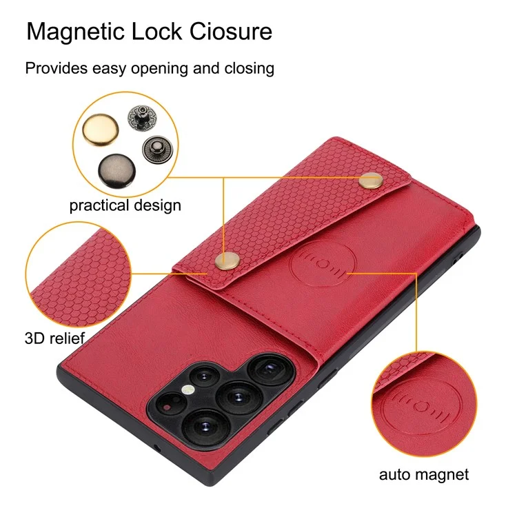 For Samsung Galaxy S23 Ultra PU Leather Coated TPU Back Case Card Slots Kickstand Phone Shockproof Cover with Built-in Metal Sheet - Red