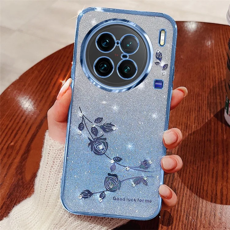 KADEM Per vivo X90 Pro+ 5G Decoro con Strass Motivo Floreale Cover Protettiva Morbida in TPU Glitter Antipolvere Antiurto - Blu