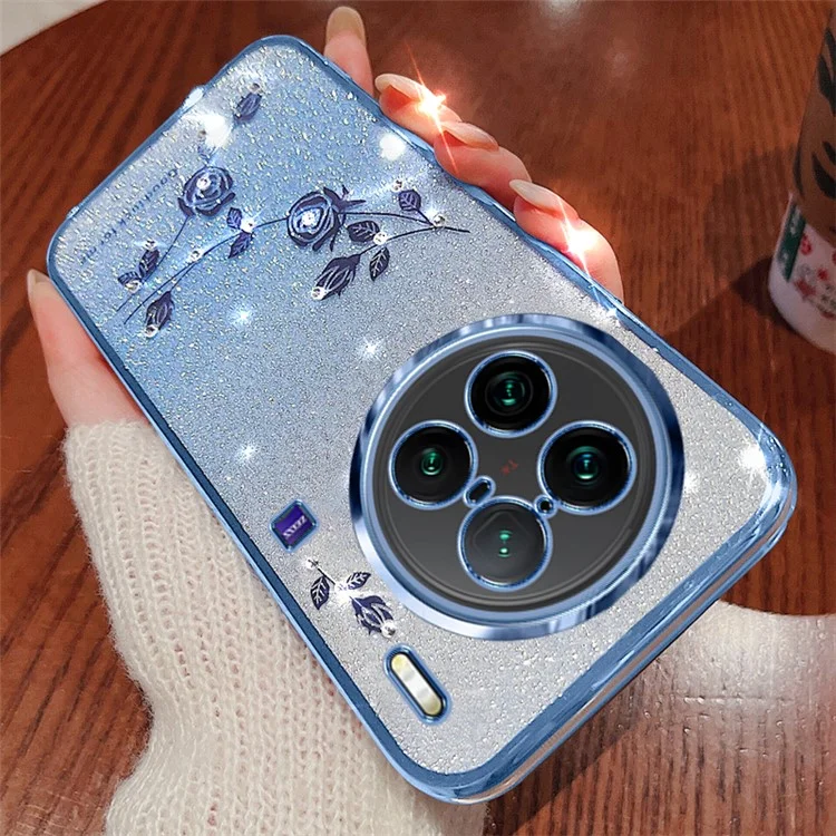 KADEM Per vivo X90 Pro+ 5G Decoro con Strass Motivo Floreale Cover Protettiva Morbida in TPU Glitter Antipolvere Antiurto - Blu