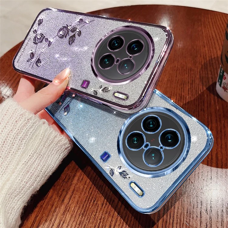 KADEM Per vivo X90 Pro+ 5G Decoro con Strass Motivo Floreale Cover Protettiva Morbida in TPU Glitter Antipolvere Antiurto - Blu