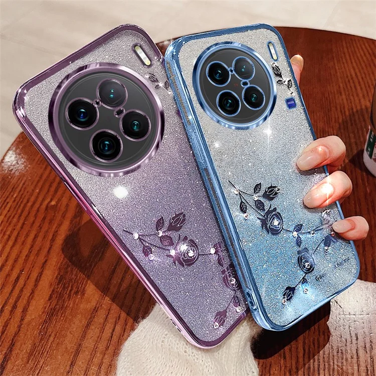 KADEM Per vivo X90 Pro+ 5G Decoro con Strass Motivo Floreale Cover Protettiva Morbida in TPU Glitter Antipolvere Antiurto - Blu
