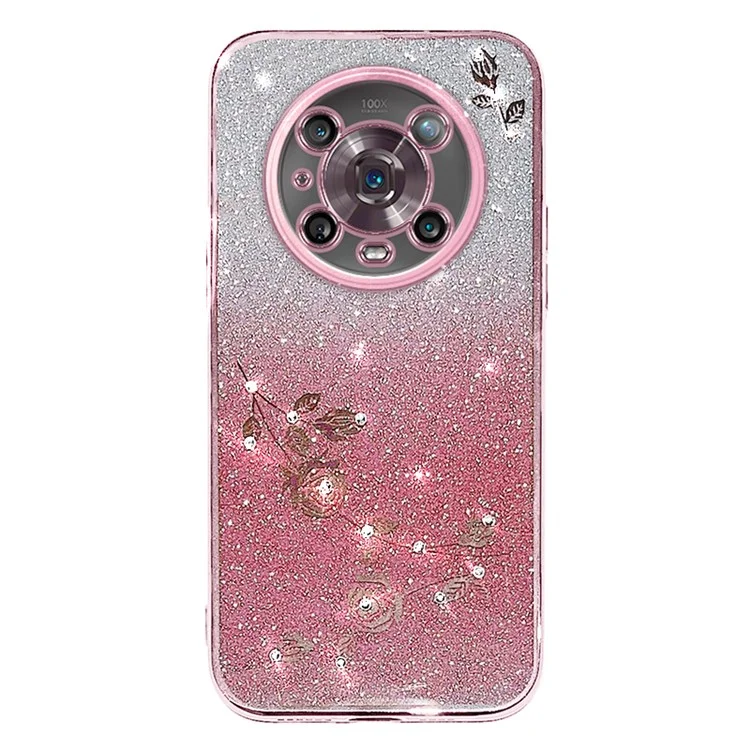 KADEM For Honor Magic4 Pro 5G Custodia protettiva con decorazione a fiori in polvere glitter sfumato e strass in TPU morbido antiurto - Oro rosa 