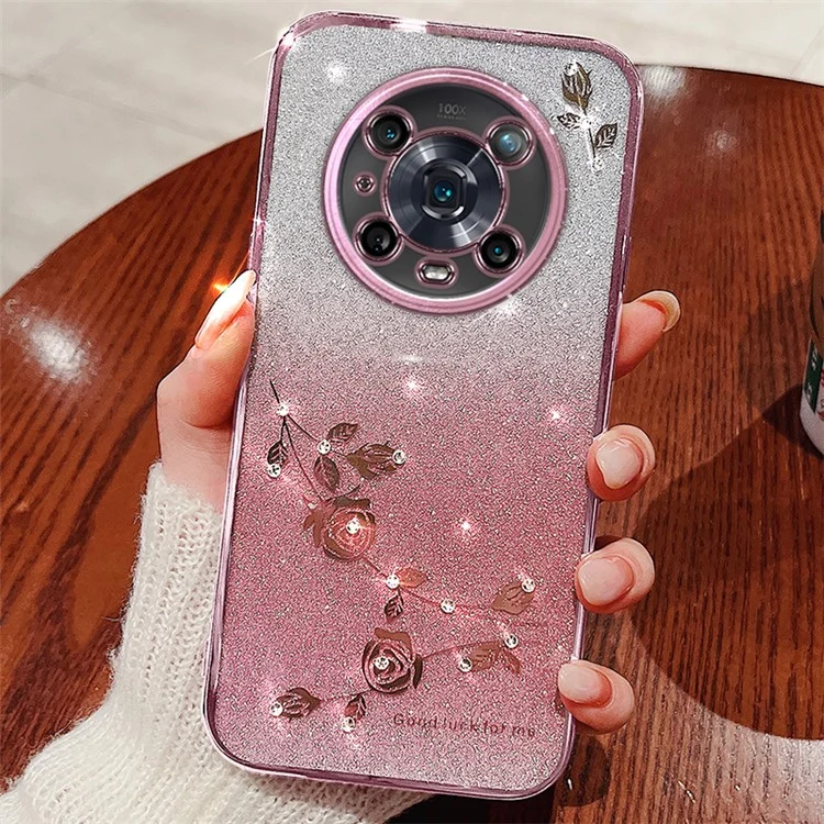 KADEM For Honor Magic4 Pro 5G Custodia protettiva con decorazione a fiori in polvere glitter sfumato e strass in TPU morbido antiurto - Oro rosa 