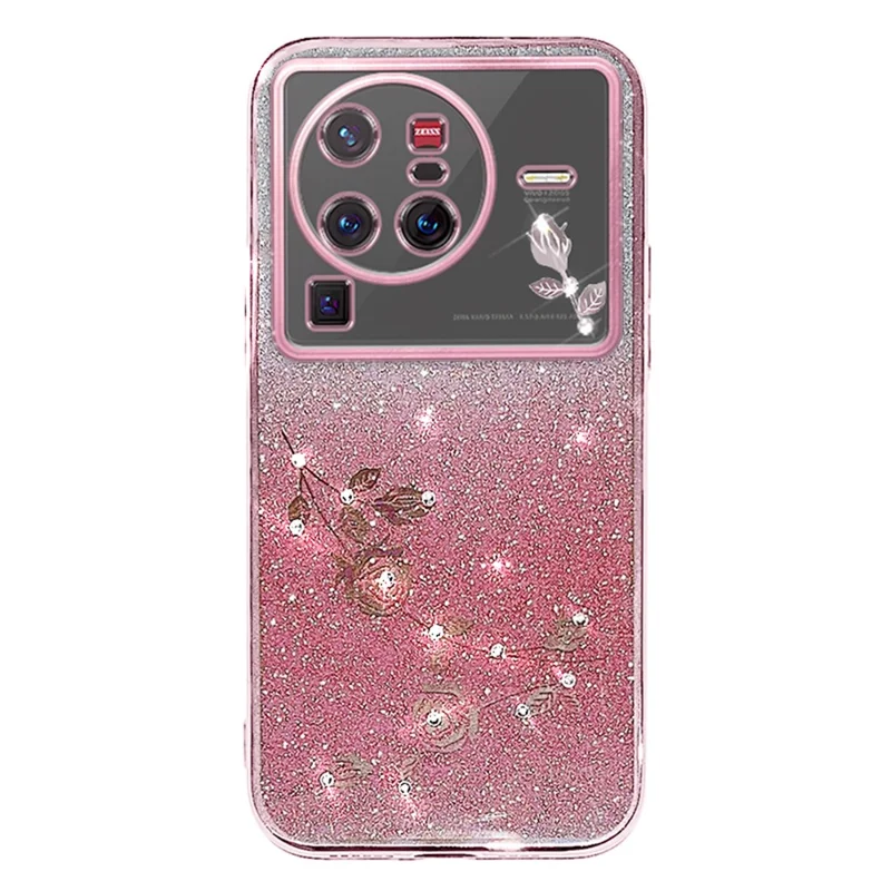 KADEM For vivo X80 Pro 5G Gradient Glitter Powder TPU Protective Cover Stylish Rhinestone Decor Flower Pattern Phone Back Case - Rose Gold