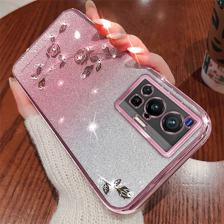 KADEM для vivo X70 Pro Rhinestone Decor Flower Pattern TPU Protective Case Gradient Glitter Powder Phone Anti-scratch Cover - Rose Gold