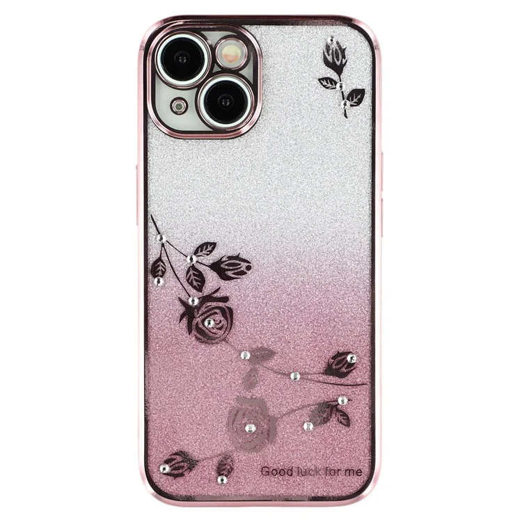 KADEM для iPhone 14 Gradient Glitter Powder Flexible TPU Back Cover Rhinestone Decor Flower Design Drop-proof Case - Rose Gold