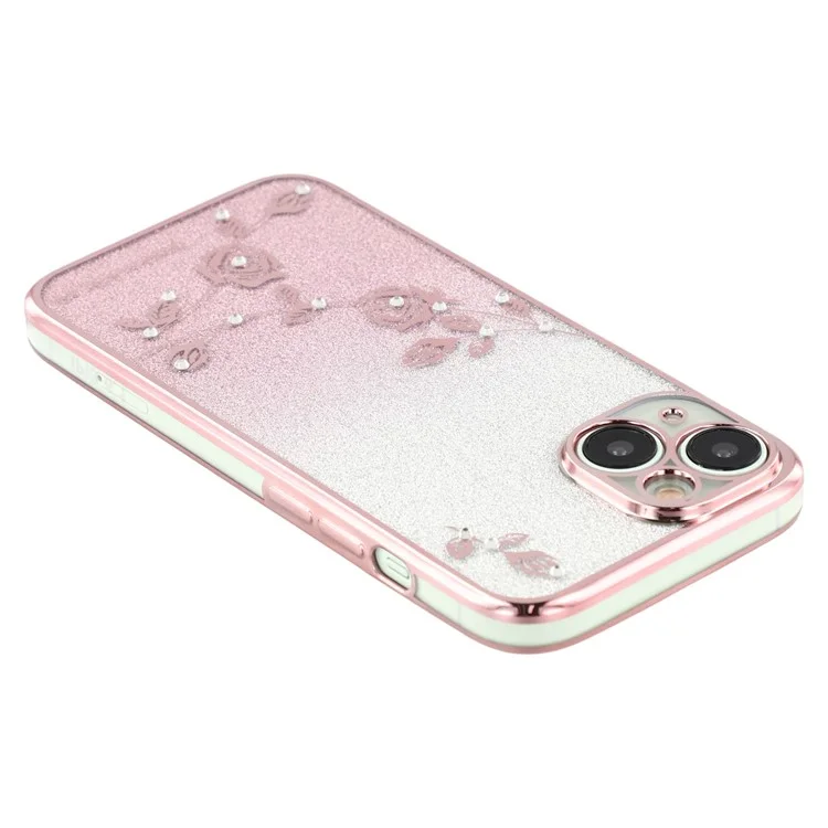 KADEM для iPhone 14 Gradient Glitter Powder Flexible TPU Back Cover Rhinestone Decor Flower Design Drop-proof Case - Rose Gold