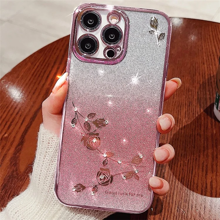 KADEM Pour iPhone 13 Pro 6.1 pouces Housse de protection TPU dégradé Décoration de strass Motif floral Poudre brillante Anti-chute - Rose gold