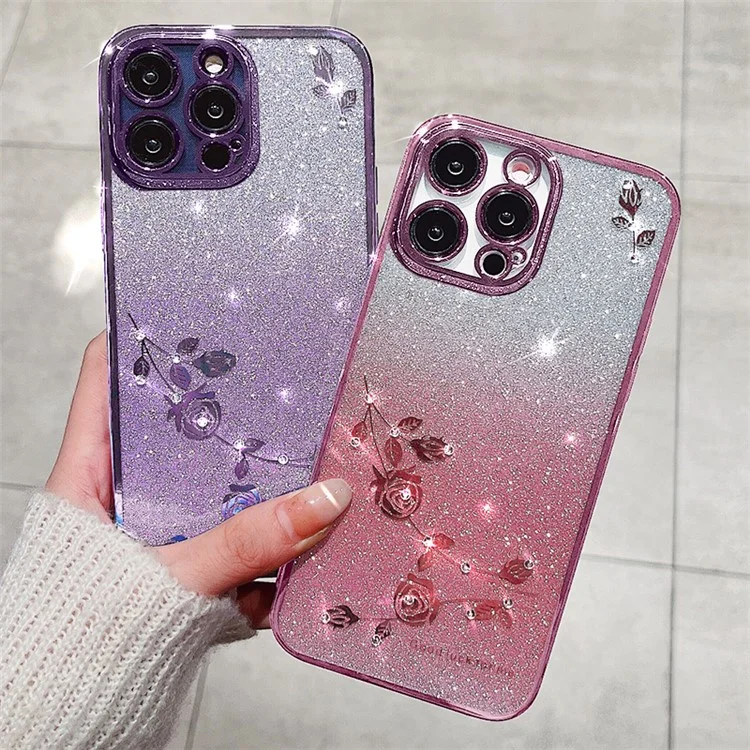 KADEM Pour iPhone 13 Pro 6.1 pouces Housse de protection TPU dégradé Décoration de strass Motif floral Poudre brillante Anti-chute - Rose gold