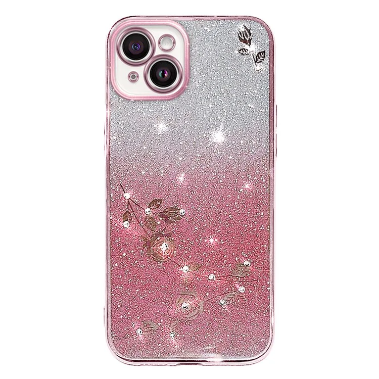 KADEM Para iPhone 13 6.1 polegadas Decoração com Strass Padrão de Flor Anti-queda Caso de Volta Gradiente em Pó Brilhante Capa Protetora TPU - Rose Gold