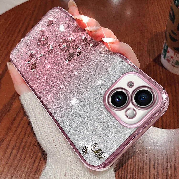 KADEM Para iPhone 13 6.1 polegadas Decoração com Strass Padrão de Flor Anti-queda Caso de Volta Gradiente em Pó Brilhante Capa Protetora TPU - Rose Gold