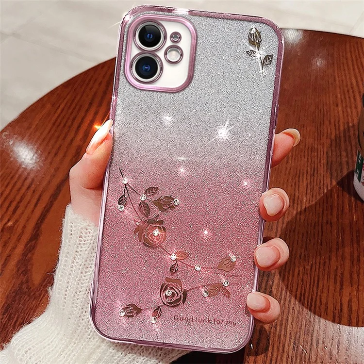Capa Protetora com Glitter Gradiente KADEM para iPhone 12 6.1 polegadas, Decoração com Strass e Padrão Floral Anti-queda - Ouro Rosa