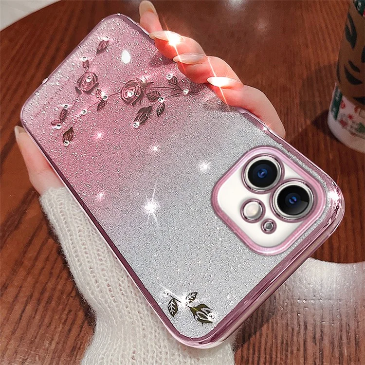 Capa Protetora com Glitter Gradiente KADEM para iPhone 12 6.1 polegadas, Decoração com Strass e Padrão Floral Anti-queda - Ouro Rosa