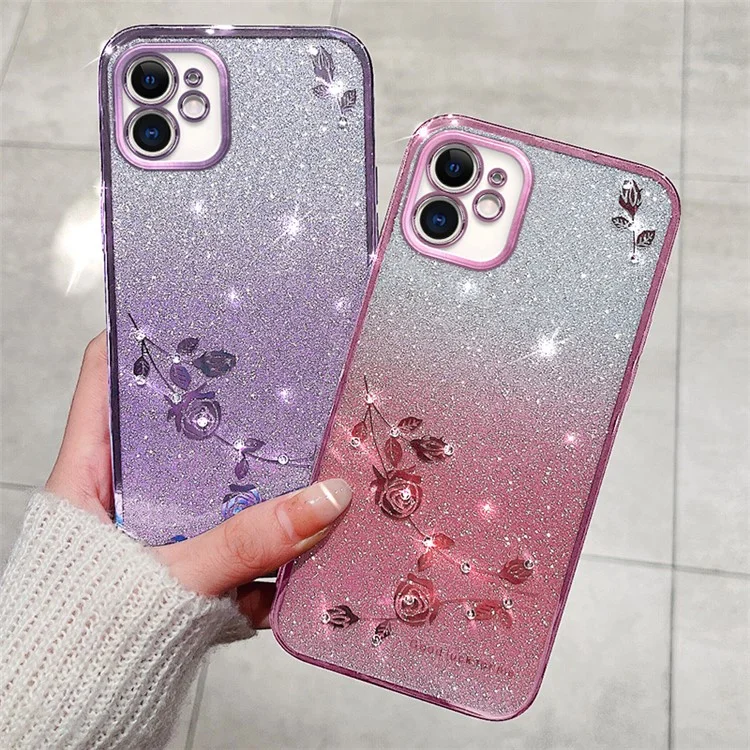 Capa Protetora com Glitter Gradiente KADEM para iPhone 12 6.1 polegadas, Decoração com Strass e Padrão Floral Anti-queda - Ouro Rosa