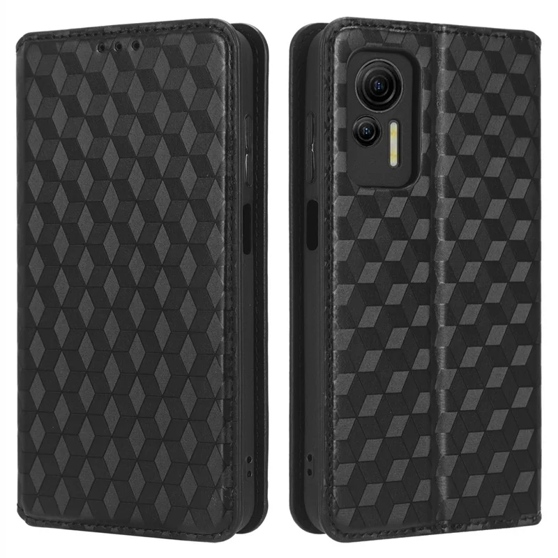 Para Ulefone Note 14 Rhombus Pattern Imprinted Drop-proof Phone Case Magnetic Auto Closing PU Leather Wallet Stand Anti-scratch Phone Cover - Black