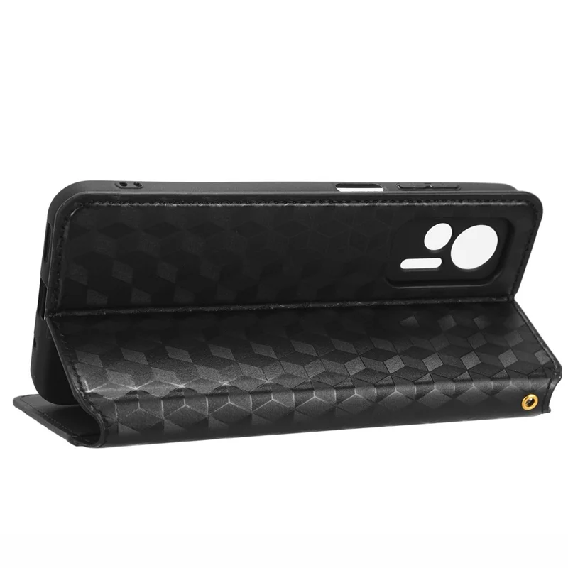 Para Ulefone Note 14 Rhombus Pattern Imprinted Drop-proof Phone Case Magnetic Auto Closing PU Leather Wallet Stand Anti-scratch Phone Cover - Black