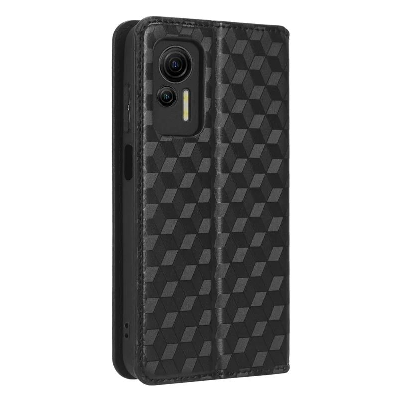 Para Ulefone Note 14 Rhombus Pattern Imprinted Drop-proof Phone Case Magnetic Auto Closing PU Leather Wallet Stand Anti-scratch Phone Cover - Black