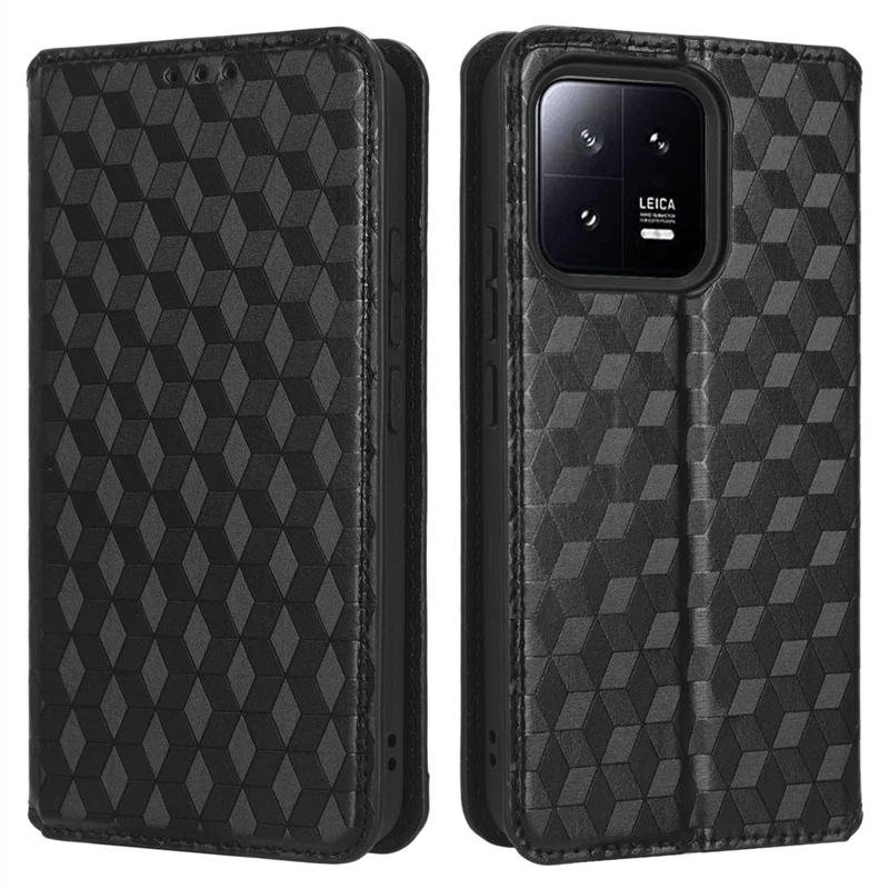 For Xiaomi 13 Pro 5G Rhombus Pattern Imprinted PU Leather Flip Phone Wallet Cover Magnetic Auto-absorbed Stand Shockproof Phone Case - Black