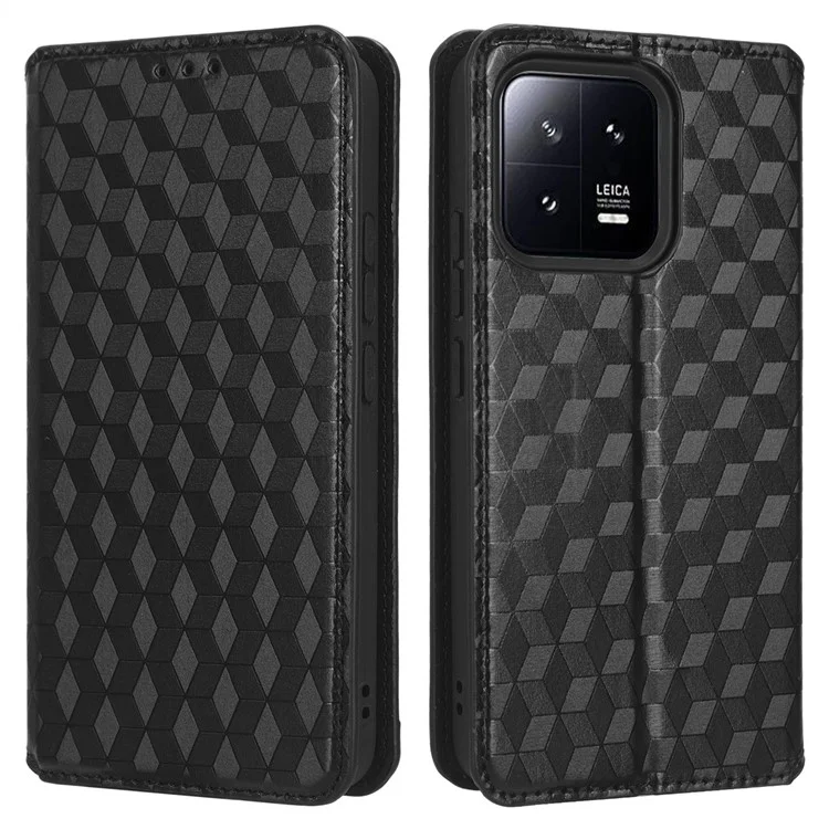 Custodia Magnetica per Telefono Auto-Chiudente per Xiaomi 13 5G, Custodia Portafoglio in Pelle PU con Motivo a Rombo Impresso - Nero
