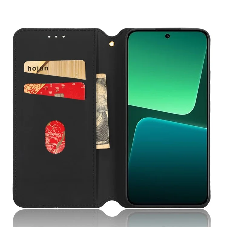 Custodia Magnetica per Telefono Auto-Chiudente per Xiaomi 13 5G, Custodia Portafoglio in Pelle PU con Motivo a Rombo Impresso - Nero