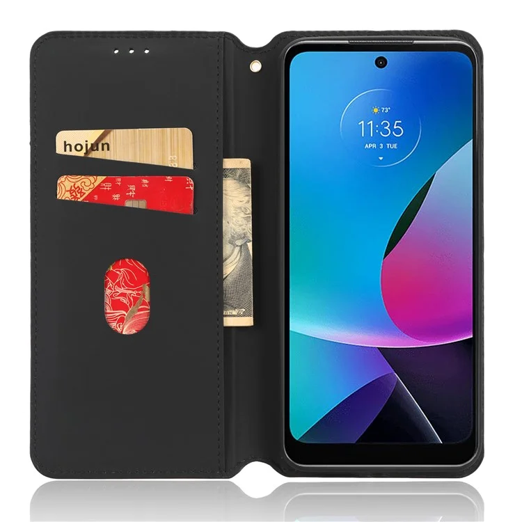 PU Leather Protective Phone Case For Motorola Moto G Play (2023) 4G, Rhombus Pattern Imprinted Magnetic Auto-absorbed Stand Wallet Folio Flip Phone Cover - Black