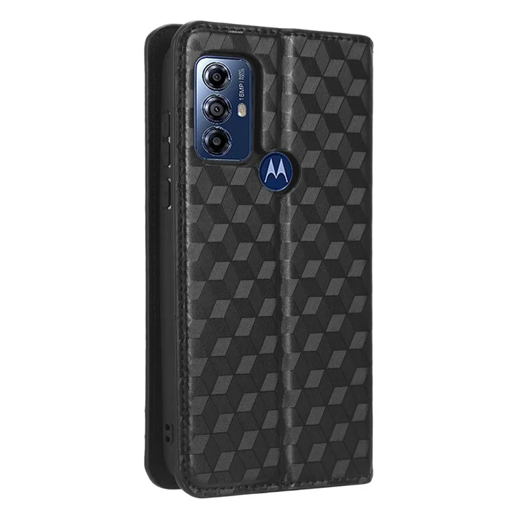 PU Leather Protective Phone Case For Motorola Moto G Play (2023) 4G, Rhombus Pattern Imprinted Magnetic Auto-absorbed Stand Wallet Folio Flip Phone Cover - Black