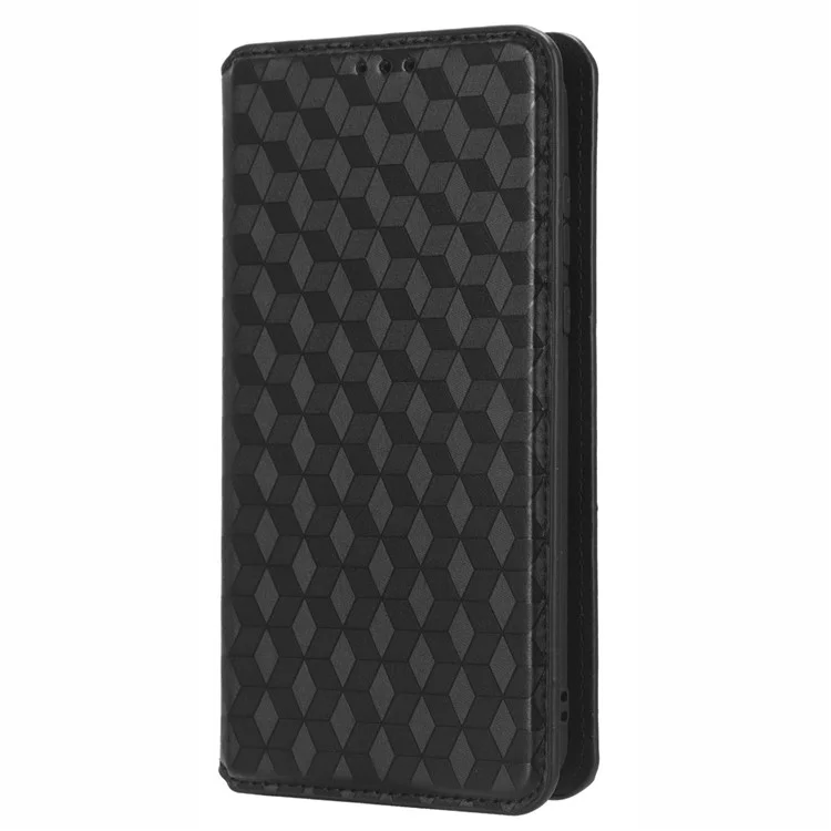 PU Leather Protective Phone Case For Motorola Moto G Play (2023) 4G, Rhombus Pattern Imprinted Magnetic Auto-absorbed Stand Wallet Folio Flip Phone Cover - Black
