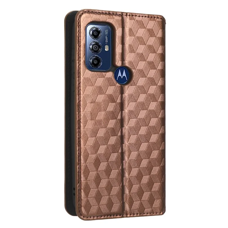 Custodia protettiva in pelle PU per Motorola Moto G Play (2023) 4G, con motivo a rombo impresso, stand magnetico auto-assorbente, portafoglio a libro e cover per telefono pieghevole - Marrone
