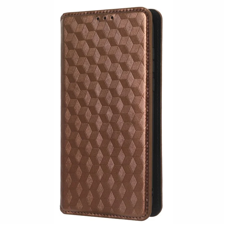Custodia protettiva in pelle PU per Motorola Moto G Play (2023) 4G, con motivo a rombo impresso, stand magnetico auto-assorbente, portafoglio a libro e cover per telefono pieghevole - Marrone