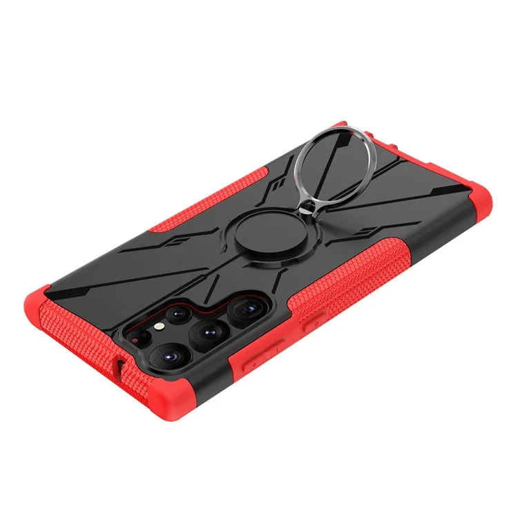 Couvercle de Téléphone Anti-décompte Pour Samsung Galaxy S23 Ultra Hard PC Soft TPU Hybrid Smartphone Case Avec Ring Kickstand - Rouge