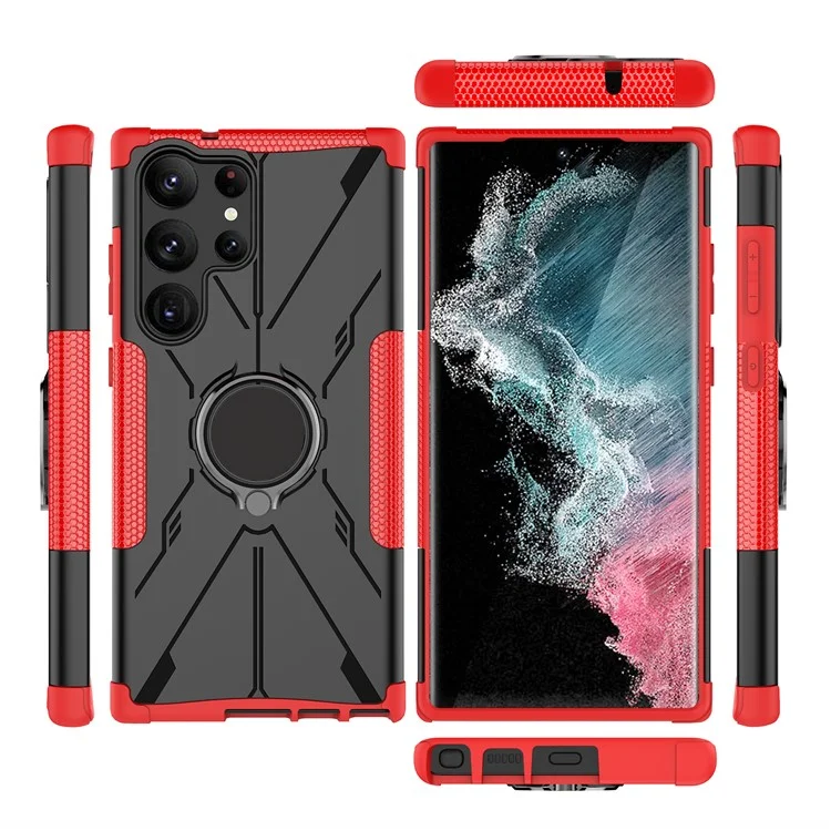 Couvercle de Téléphone Anti-décompte Pour Samsung Galaxy S23 Ultra Hard PC Soft TPU Hybrid Smartphone Case Avec Ring Kickstand - Rouge