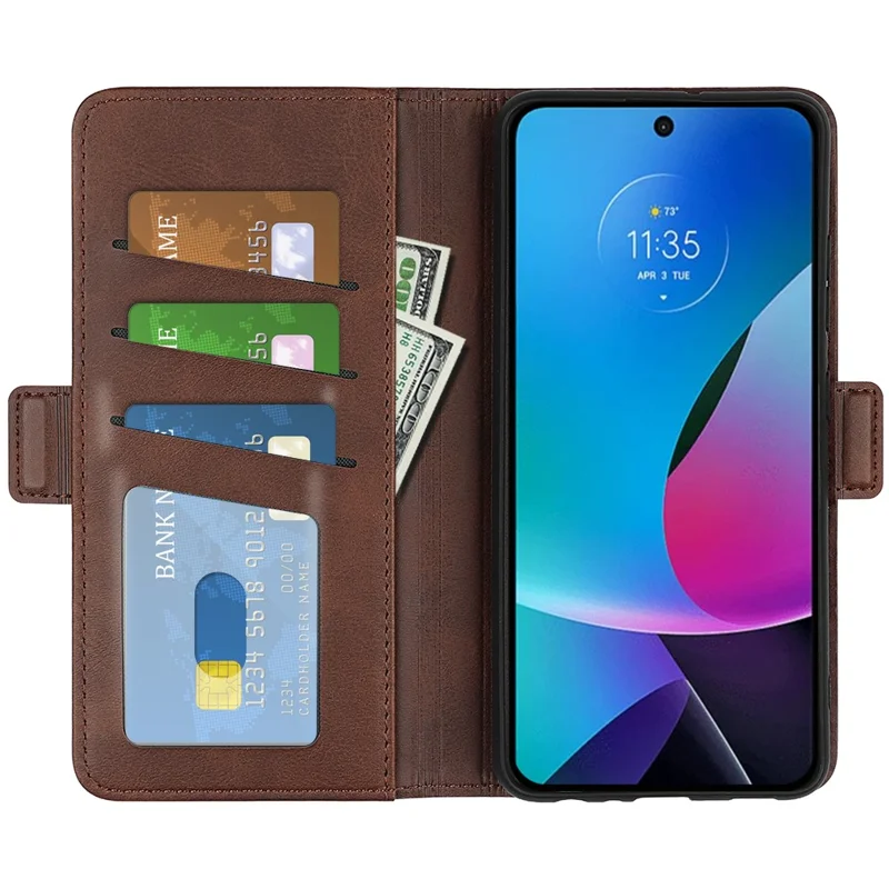 For Motorola Moto G Play (2023) 4G Calf Texture Phone Case PU Leather Dual Magnetic Clasp Foldable Stand Wallet Cell Phone Cover - Brown