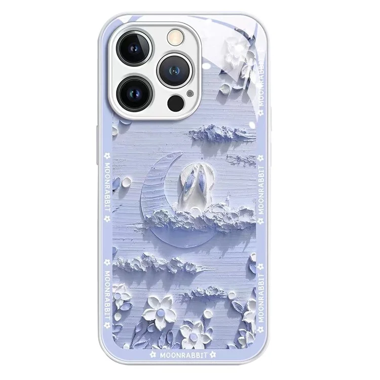 For iPhone 14 Pro Max Back Cover Moon and Rabbit Oil Painting Tempered Glass + TPU Phone Case - Baby Blue