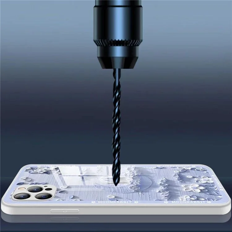 For iPhone 14 Pro Max Back Cover Moon and Rabbit Oil Painting Tempered Glass + TPU Phone Case - Baby Blue
