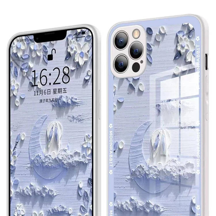 For iPhone 14 Pro Max Back Cover Moon and Rabbit Oil Painting Tempered Glass + TPU Phone Case - Baby Blue