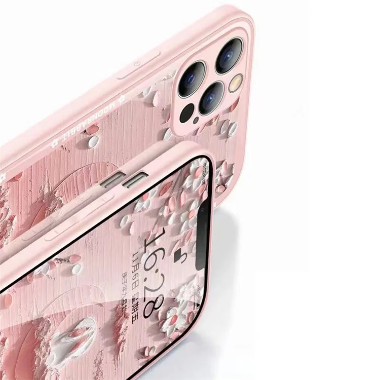 For iPhone 14 Pro Max Back Cover Moon and Rabbit Oil Painting Tempered Glass + TPU Phone Case - Baby Blue
