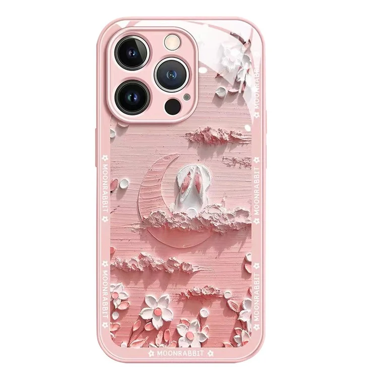 For iPhone 12 Pro 6.1 inch Fall Proof Back Cover Moon and Rabbit Oil Painting Tempered Glass + TPU Phone Case - Pink / White