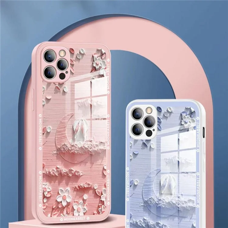 For iPhone 12 Pro 6.1 inch Fall Proof Back Cover Moon and Rabbit Oil Painting Tempered Glass + TPU Phone Case - Pink / White