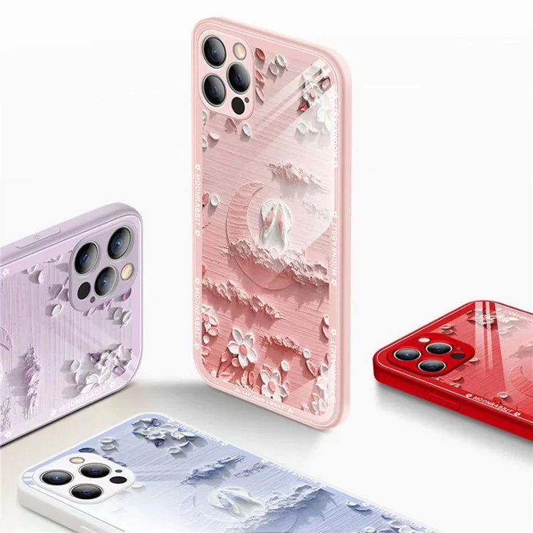 For iPhone 12 Pro 6.1 inch Fall Proof Back Cover Moon and Rabbit Oil Painting Tempered Glass + TPU Phone Case - Pink / White