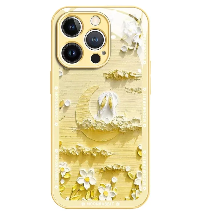 For iPhone 13 Pro 6.1 inch Back Cover Moon and Rabbit Oil Painting Scratch Resistant Tempered Glass + TPU Phone Case - Lemon Yellow