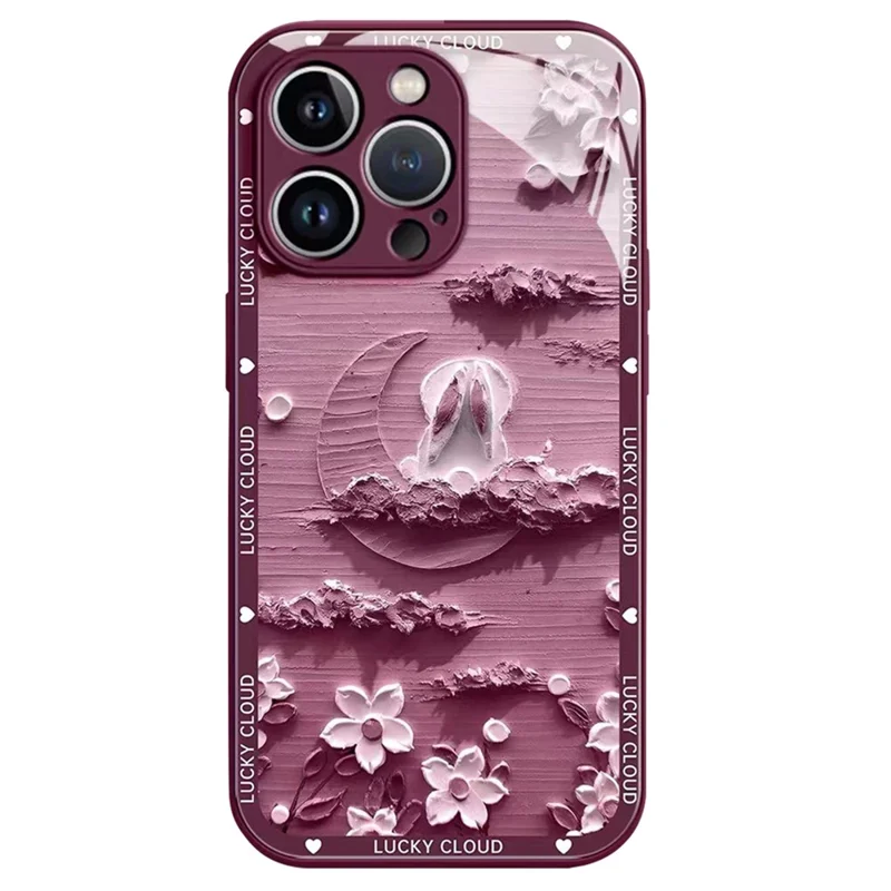 For iPhone 13 Pro Max 6.7 inch Anti-drop Back Cover Moon and Rabbit Oil Painting Tempered Glass + TPU Phone Case - Dark Purple