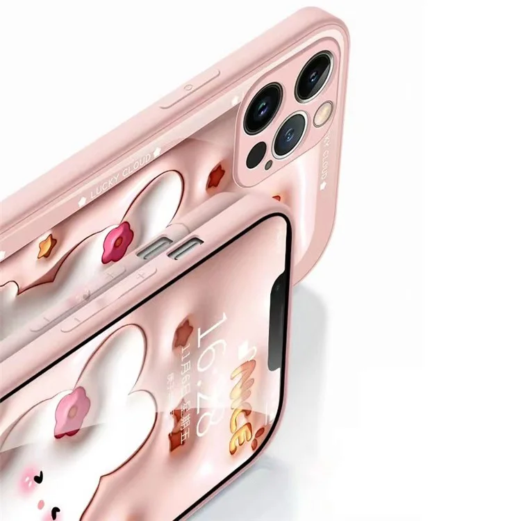 For iPhone 13 Pro Max 6.7 inch Cartoon Rabbit Hugging Star Tempered Glass + TPU Phone Case Back Protective Cover - Pink