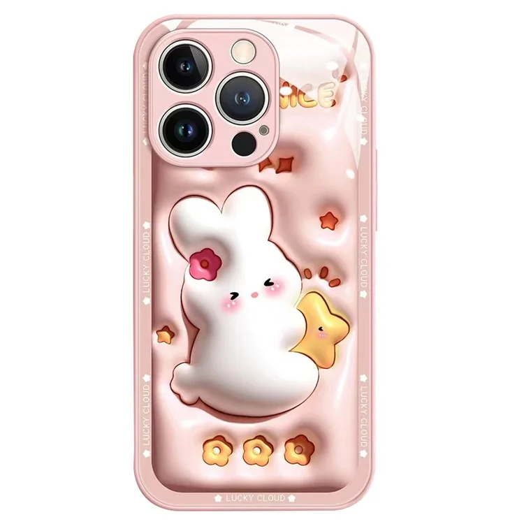For iPhone 12 Pro 6.1 inch Drop Proof Cartoon Rabbit Hugging Star Tempered Glass + TPU Phone Case Back Protective Cover - Pink