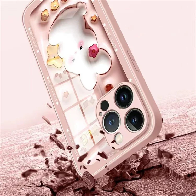 For iPhone 12 Pro 6.1 inch Drop Proof Cartoon Rabbit Hugging Star Tempered Glass + TPU Phone Case Back Protective Cover - Pink