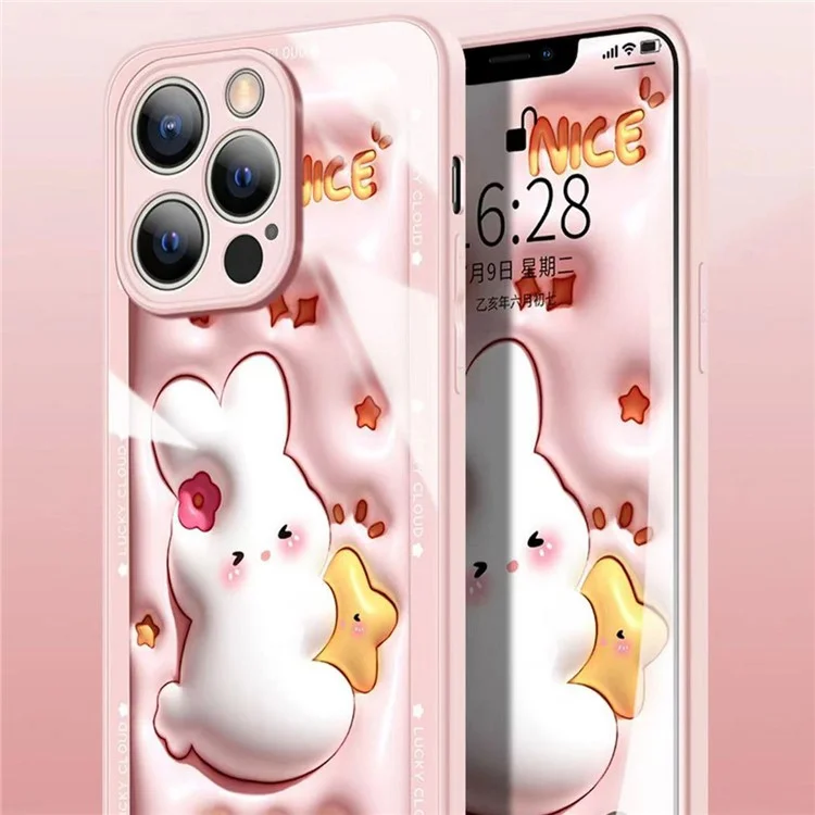 For iPhone 12 Pro 6.1 inch Drop Proof Cartoon Rabbit Hugging Star Tempered Glass + TPU Phone Case Back Protective Cover - Pink