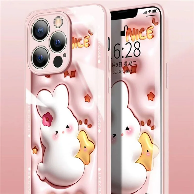 For iPhone 12 Pro Max 6.7 inch Cartoon Rabbit Hugging Star Tempered Glass + TPU Phone Case Shockproof Back Protective Cover - Light Purple