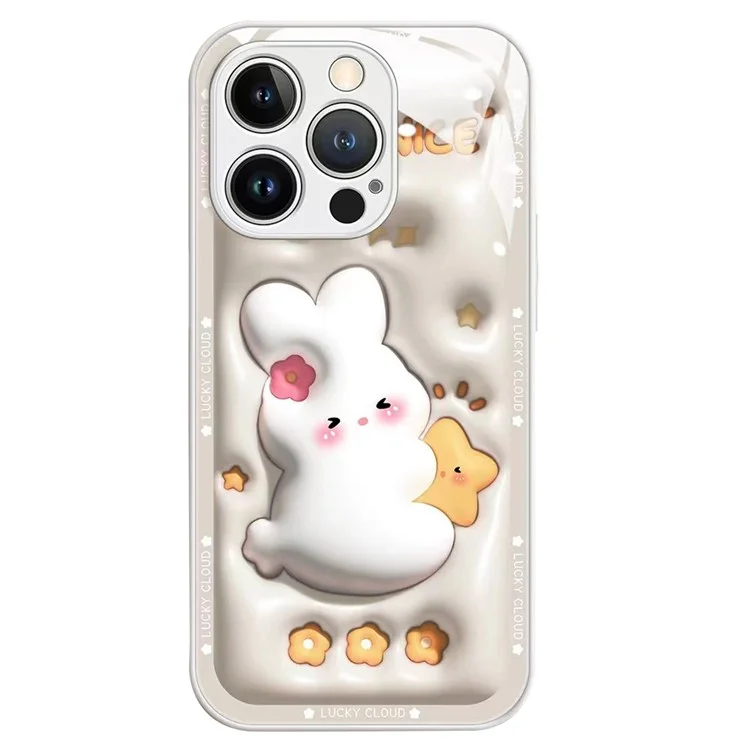 Para iPhone 14 Pro Max Cartoon Rabbit Hugging Star Tempered Glass + TPU Phone Case Bump Proof Back Protective Cover - White