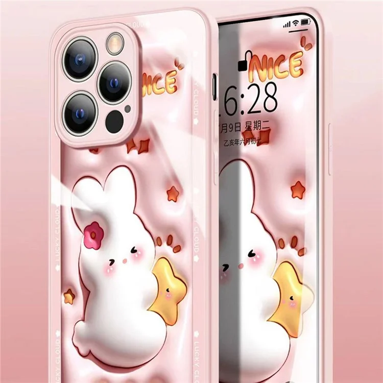 Para iPhone 14 Pro Max Cartoon Rabbit Hugging Star Tempered Glass + TPU Phone Case Bump Proof Back Protective Cover - White