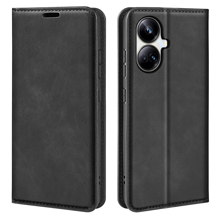 Для Realme 10 Pro+ 5G PU Leather Magnetic Absorption Wallet Case Skin-touch Feeling Anti-Scratch Flip Stand Phone Cover - Черный