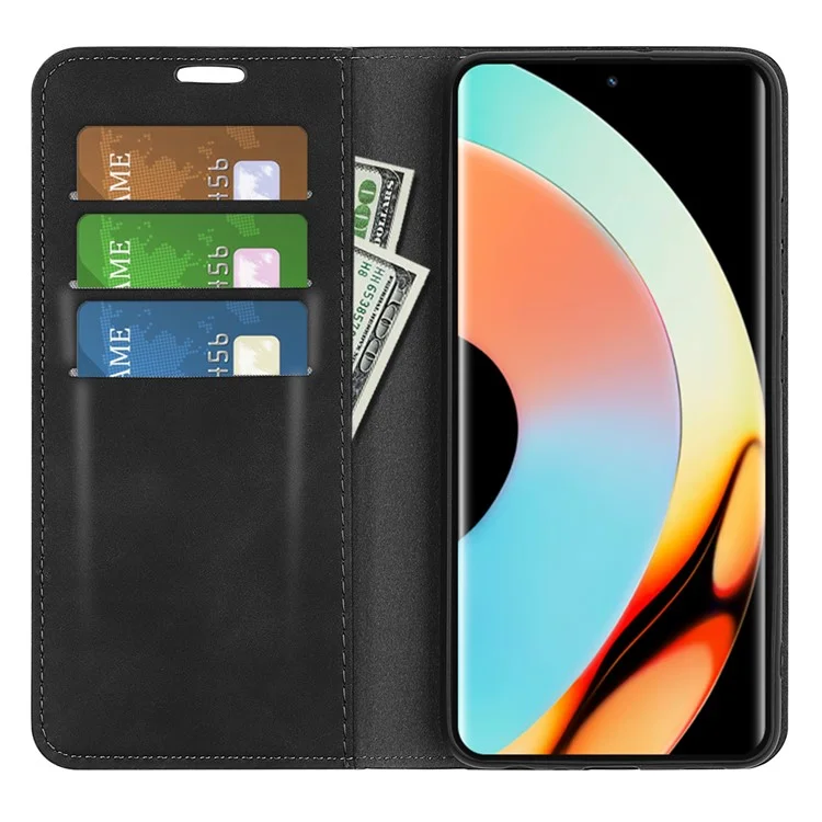 Для Realme 10 Pro+ 5G PU Leather Magnetic Absorption Wallet Case Skin-touch Feeling Anti-Scratch Flip Stand Phone Cover - Черный